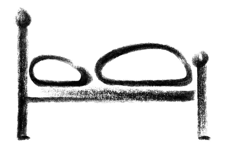 Crayon-sketched illustration of a bed with bedclothes