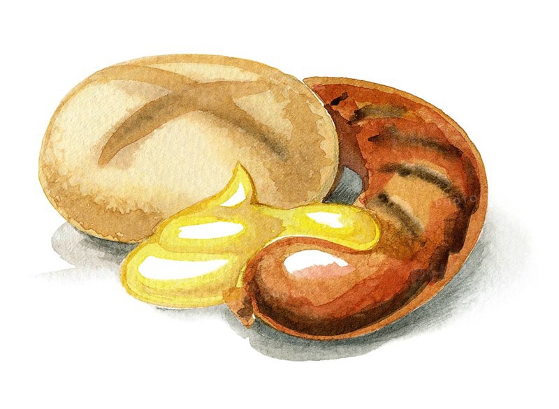 Watercolor illustration showing a sausage with mustard and roll