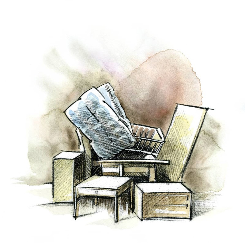 Watercolor and crayon illustration showing some bulky waste with furniture and mattress