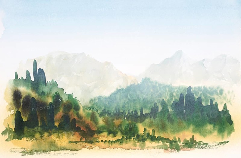 Watercolor painting showing a landscape in Tuscany at summer time
