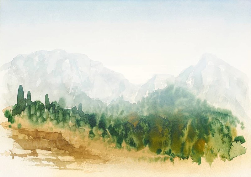 Watercolor painting showing a landscape in Tuscany at summer time