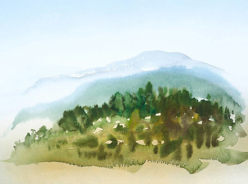 Watercolor painting showing a landscape in Tuscany at summer time