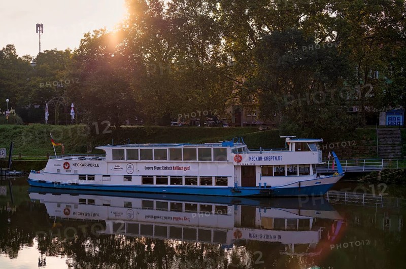 Passenger ship Neckar-Perle anchored after an accident, Neckar Bad Cannstatt, Stuttgart, Baden-Württemberg, Germany