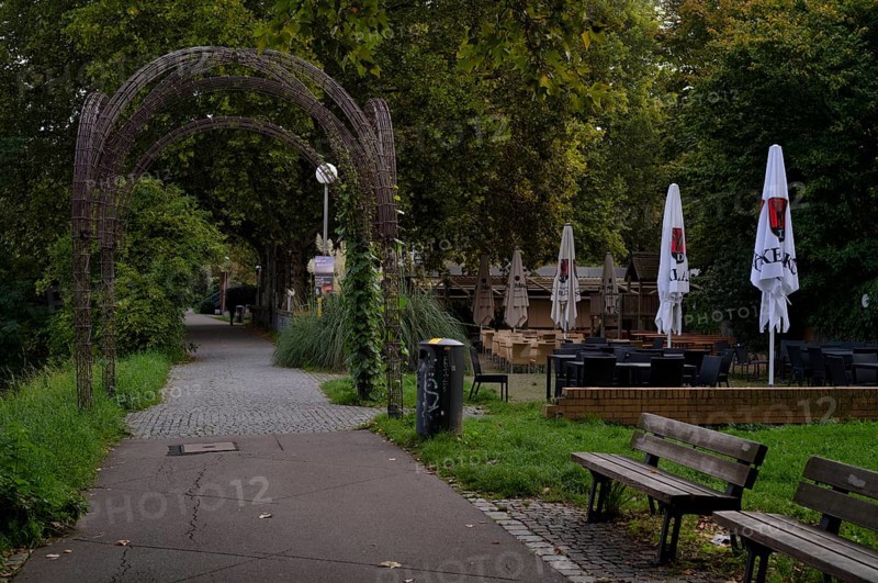 Beer garden on the Neckar, Neckar beer garden, empty, closed, Dinkelacker logo, Bad Cannstatt, Stuttgart, Baden-Württemberg, Germany