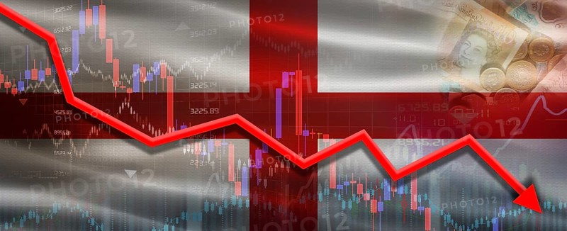 England financial crisis on economic graph. Financial fall of England on economy market