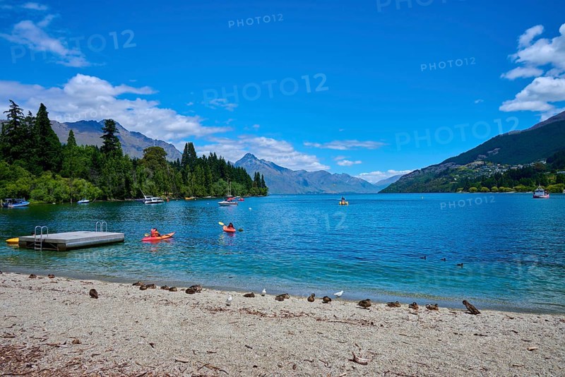 Waters with floating ducks and boats against a picturesque mountain backdrop and clear skies, Queenstown, Queenstown-Lakes District, Otago, South Island, New Zealand