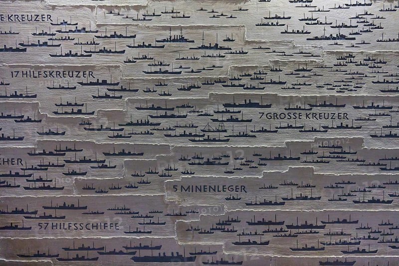 Relief with various types of ships and inscriptions, naval memorial, Laboe, Kiel Fjord, Schleswig-Holstein, Germany