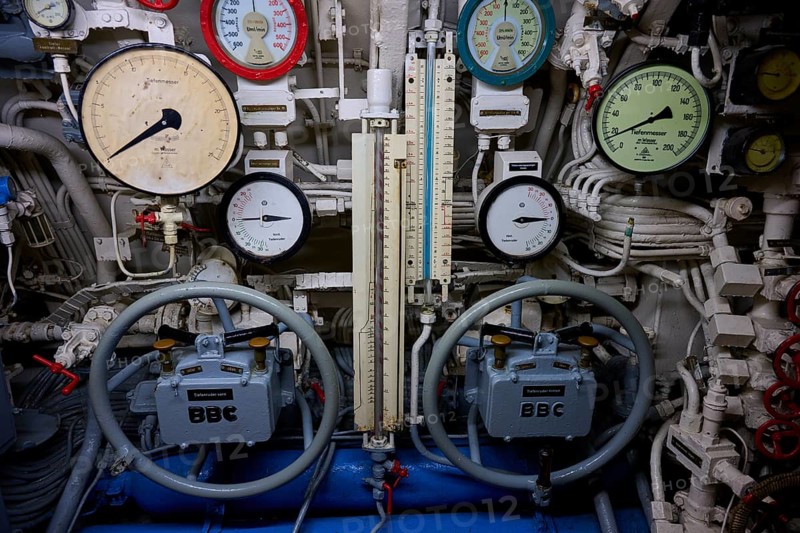 Complex measuring instrument system in a ship's engine room, submarine, Technical Museum U 995, Laboe, Kiel Fjord, Schleswig-Holstein, Germany