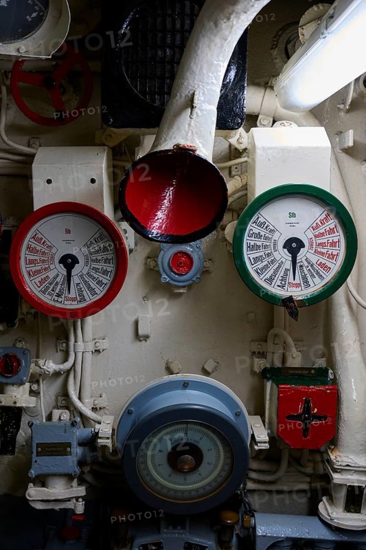 Various machine instruments in a ship with a red and green border, submarine, Technical Museum U 995, Laboe, Kiel Fjord, Schleswig-Holstein, Germany
