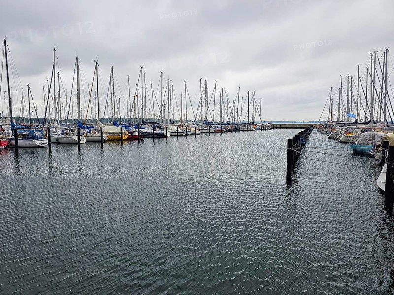 Numerous moored sailing boats in the harbour with cloudy sky, calm sea and parallel jetties, Laboe, Kiel Fjord, Schleswig-Holstein, Germany