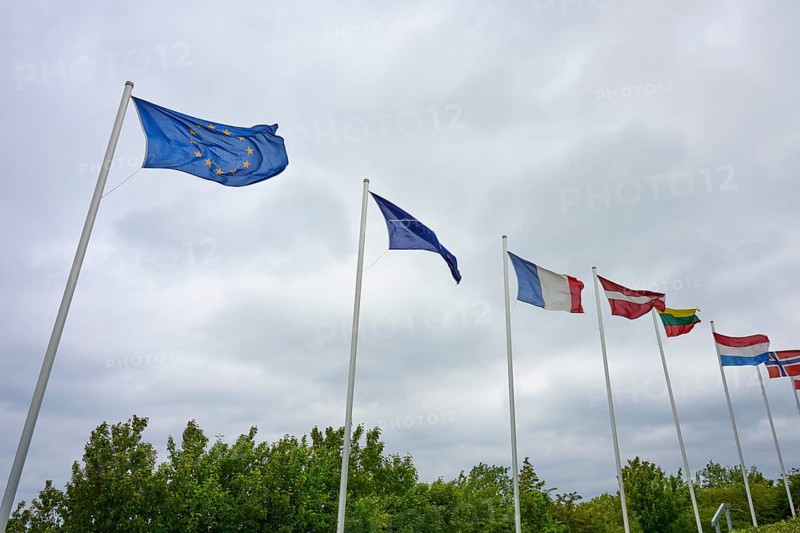 Various national flags in the wind under a cloudy sky, Naval Memorial, Laboe, Kiel Fjord, Schleswig-Holstein, Germany