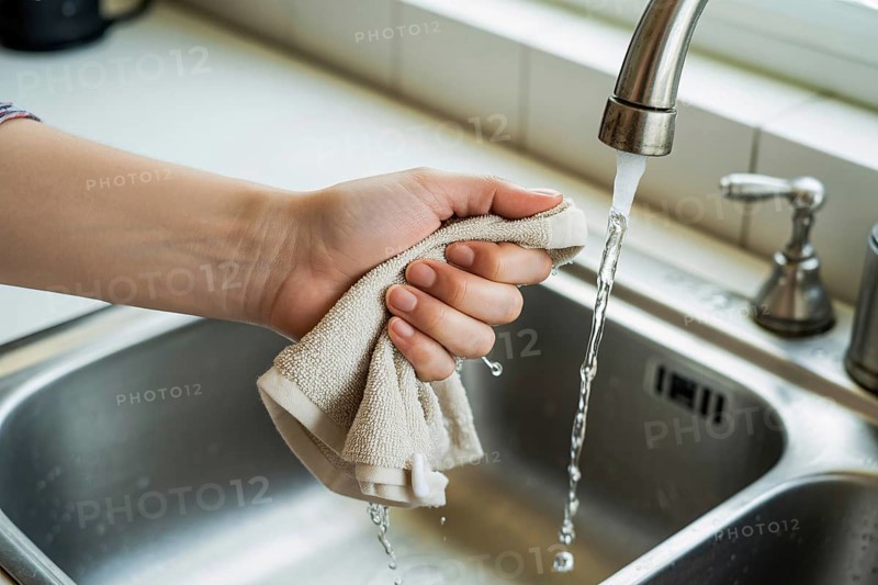 Woman's hand wringing cleaning rag under running water tap. Generative AI, AI generated