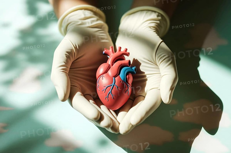 Hands in medical gloves holding anatomical heart model. Generative ai, AI generated