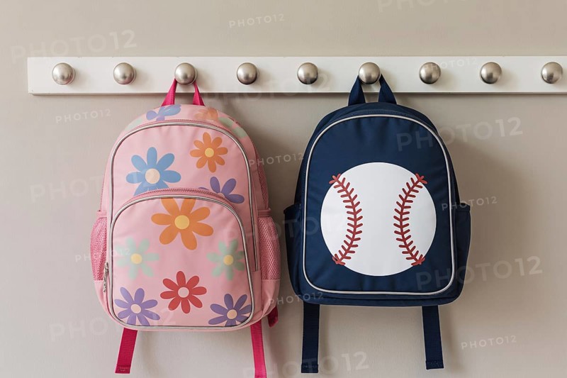 Gender-coded children's backpacks highlighting stereotypical color norms. Generative ai, AI generated
