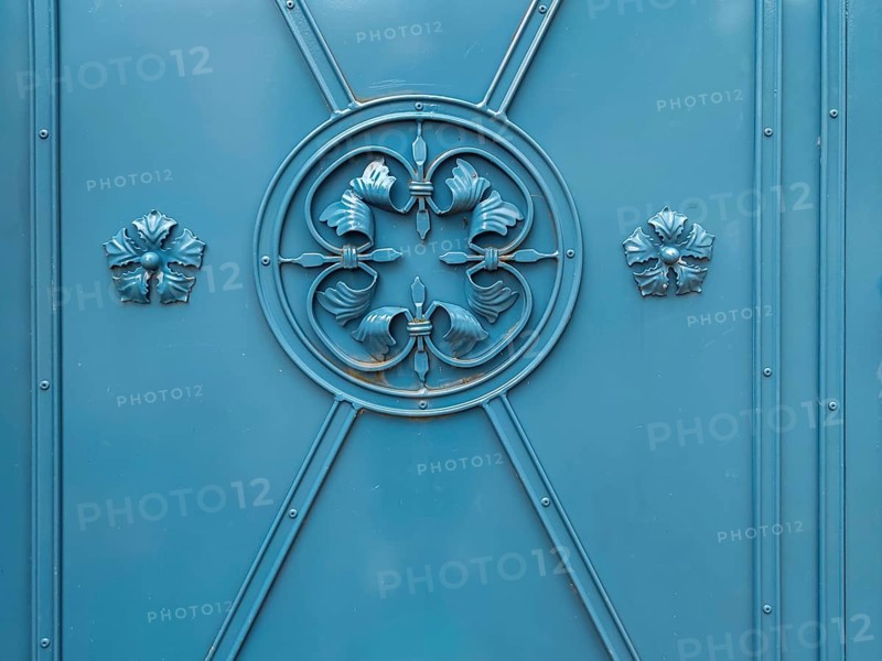 Decorations on a blue metal gate, iron gate, Southern Palatinate, Palatinate, Rhineland-Palatinate, Germany