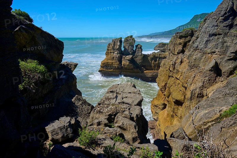 Coastline with steep cliffs and dense vegetation in the distance, Pancake Rocks, Westport, Greymouth, West Coast, South Island, New Zealand