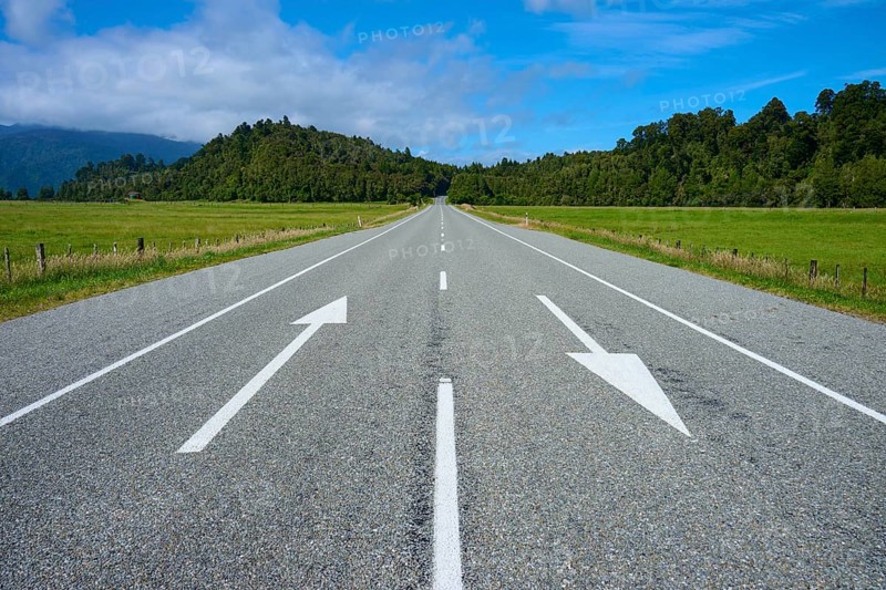 Long empty road with directional arrows through rural surroundings, West Coast, South Island, New Zealand