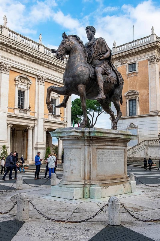 Copy of larger-than-life bronze statue of Roman Emperor Marcus Aurelius on the Capitoline Hill in front of the Capitoline Museums Museum, Piazza del Campidoglio, Rome, Lazio, Italy