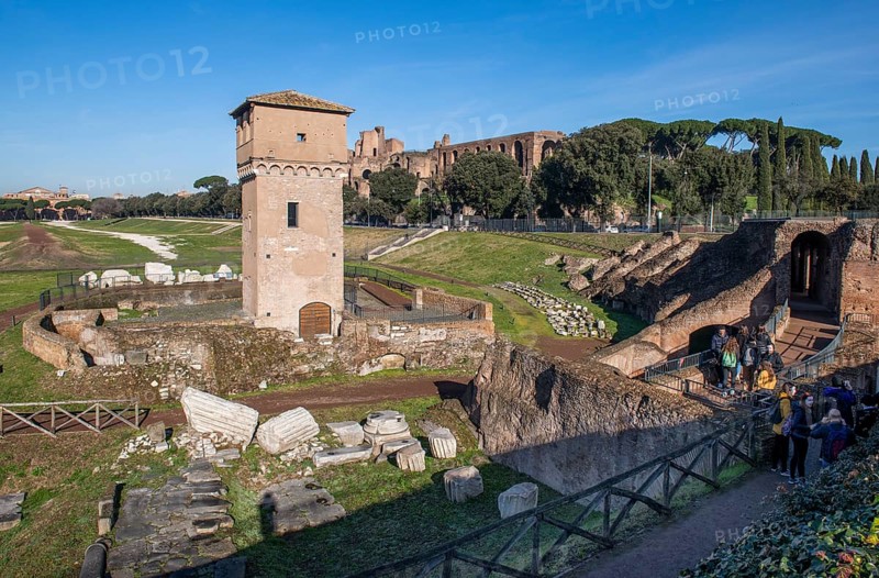 Left Torre della Moletta, part of medieval building ruins from the Middle Ages in the archaeological complex of Circus Maximus, Rome, Lazio, Italy