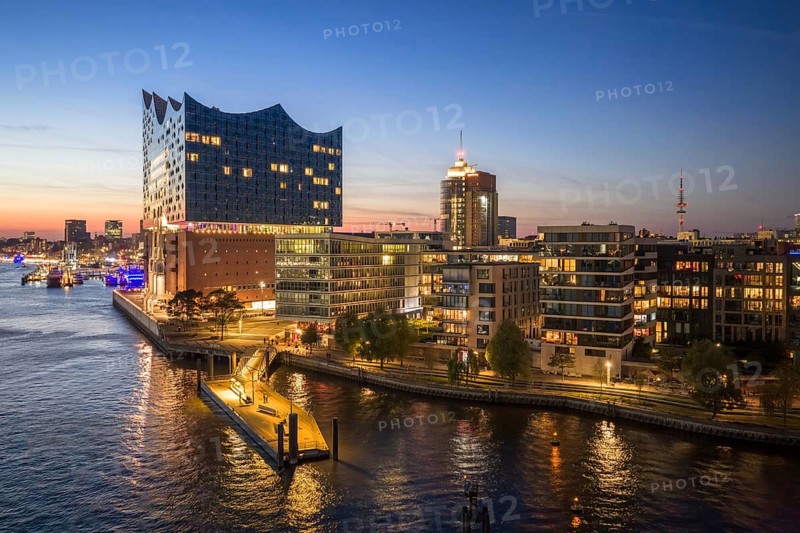 Aerial view of the Elbphilharmonie with ferry pier during the blue hour, Hamburg, Germany