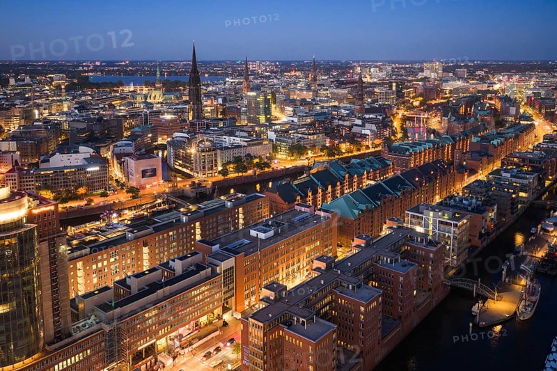 Aerial view of the historic warehouse district at the blue hour, Hamburg, Germany