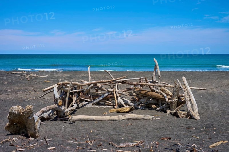 Driftwood beach hut by the ocean, Mana Bay, Patea, Taranaki, North Island, New Zealand