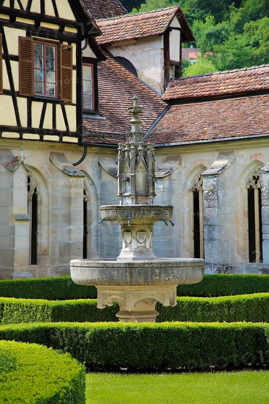 Bebenhausen Monastery, half-timbered, Gothic cloister, sacred building, historic building, architecture, former Cistercian abbey, medieval monastery, cloister garden, fountain, listed building, Bebenhausen district of the university town of Tübingen, Schönbuch, Baden-Württemberg, Germany