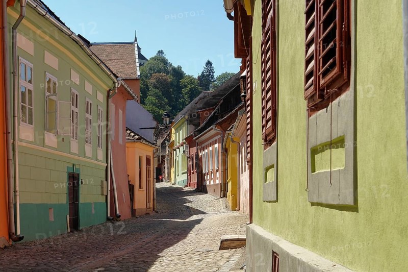 Street scenery in Sighisoara, a city in Transylvania located in Romania