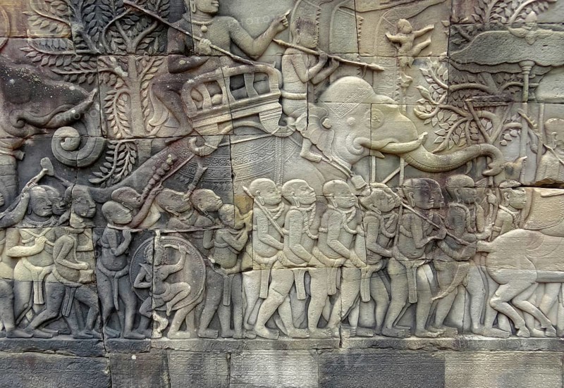 Stone relief of a historic temple in Angkor, Cambodia named Preah Khan