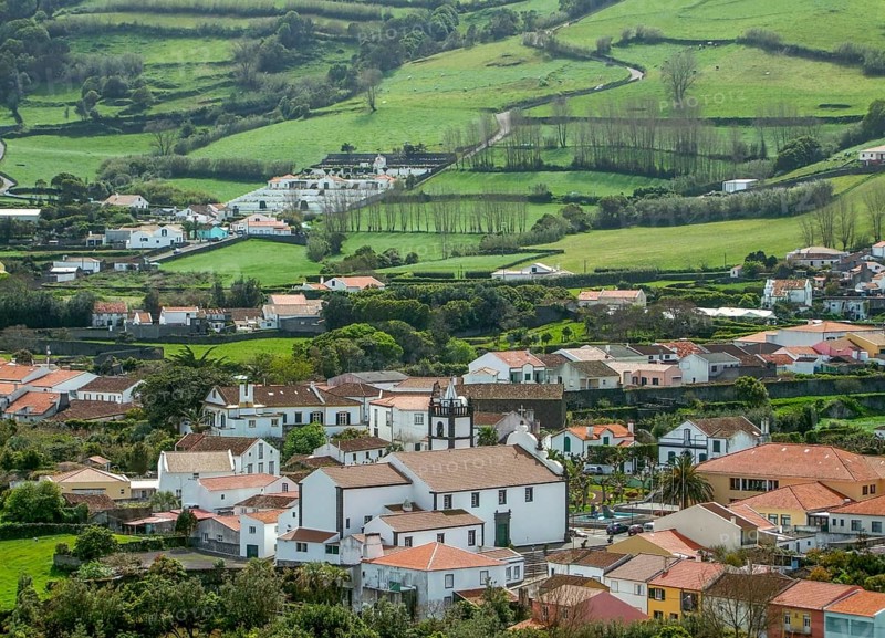 High angle settlement scenery at Sao Miguel Island, the biggest island of the Azores Archipelago, a group of vulcanic islands located in the middle of the North Atlantic Ocean Portugal