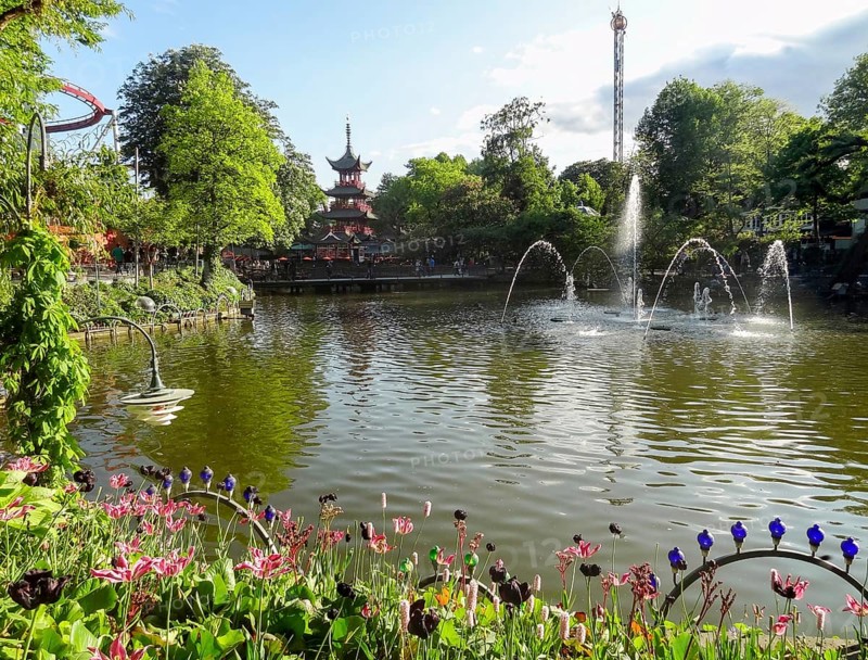 Idyllic scenery around Tivoli Gardens in Copenhagen, the capital city of Denmark