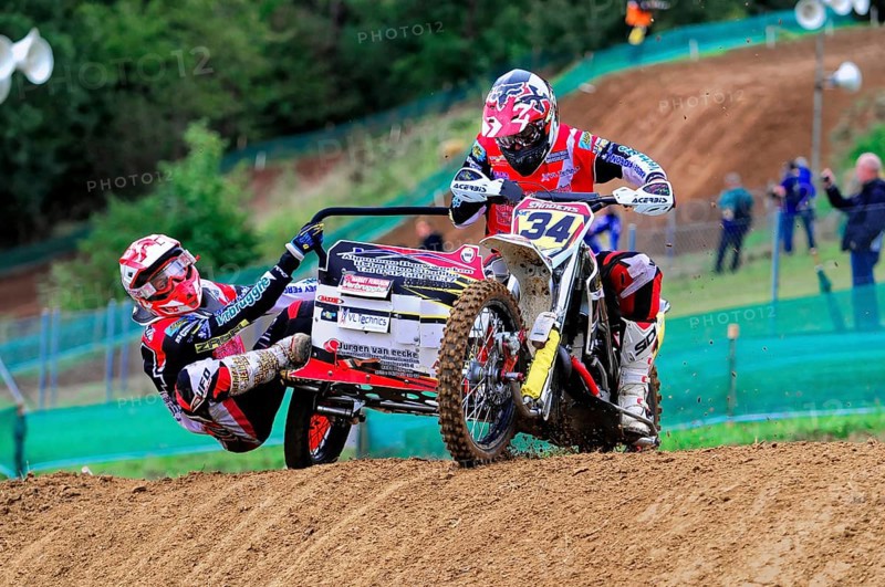 Motocross, Rudersberg, Baden-Württemberg, Germany, Europe, Double team on a motorbike rides over a steep section of the race track, Rudersberg motocross