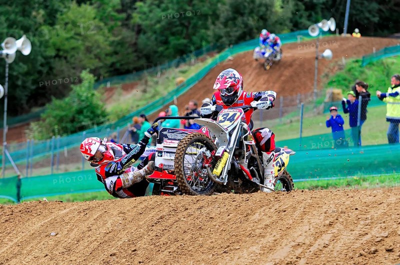 Motocross, Rudersberg, Baden-Württemberg, Germany, Europe, A motorbike rider with passenger rides through a judged course at full speed, Rudersberg motocross