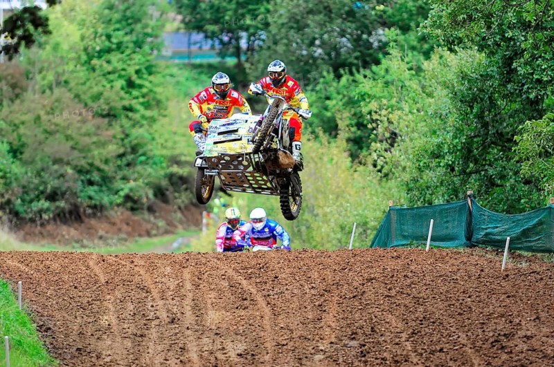 Motocross, Rudersberg, Baden-Württemberg, Germany, Europe, Rider team flies with a motorbike with sidecar at a race, Rudersberg motocross