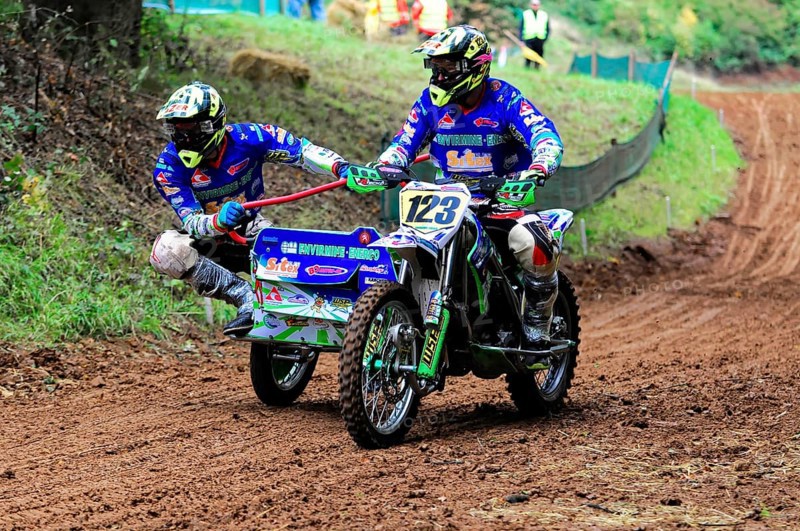 Motocross, Rudersberg, Baden-Württemberg, Germany, Europe, Rider on a sidecar motorbike manoeuvring through a narrow, muddy track, Rudersberg Motocross