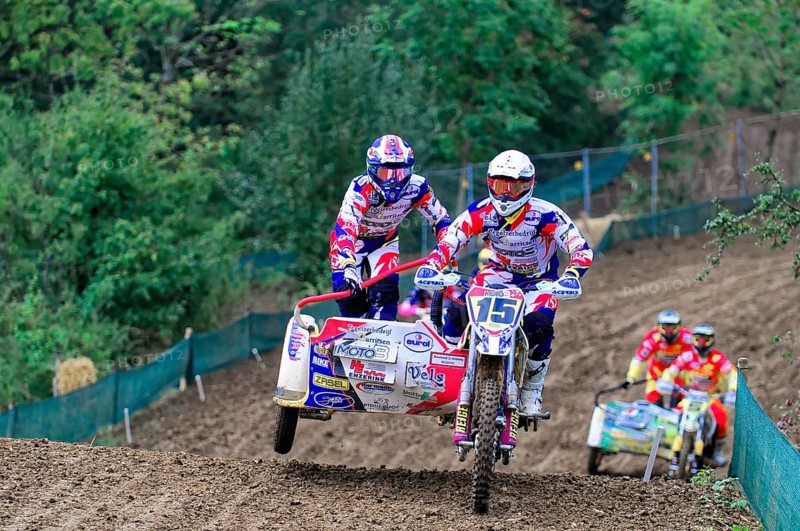Motocross, Rudersberg, Baden-Württemberg, Germany, Europe, Motocross rider with sidecar at full speed on a winding race track, Rudersberg motocross