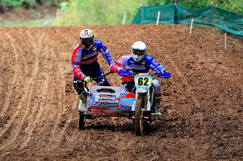 Motocross, Rudersberg, Baden-Württemberg, Germany, Europe, Two riders in a sidecar motocross race on a muddy track, Rudersberg motocross