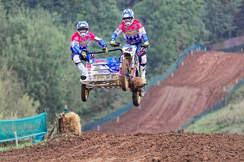 Motocross, Rudersberg, Baden-Württemberg, Germany, Europe, Motocross team with sidecar jumps over a hill on a race track, Rudersberg motocross