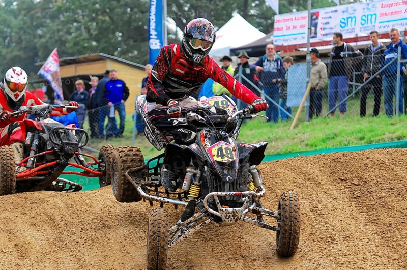 Motocross, Rudersberg, Baden-Württemberg, Germany, Europe, Motocross riders racing on a sandy track with spectators in the background, Rudersberg motocross