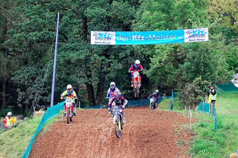 Motocross, Rudersberg, Baden-Württemberg, Germany, Europe, Several riders on motorbikes at a motocross competition on a muddy track, Rudersberg motocross
