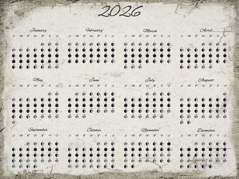 Lunar Phases Calendar, Full Year 2026 Daily Moon Phase, Old Paper