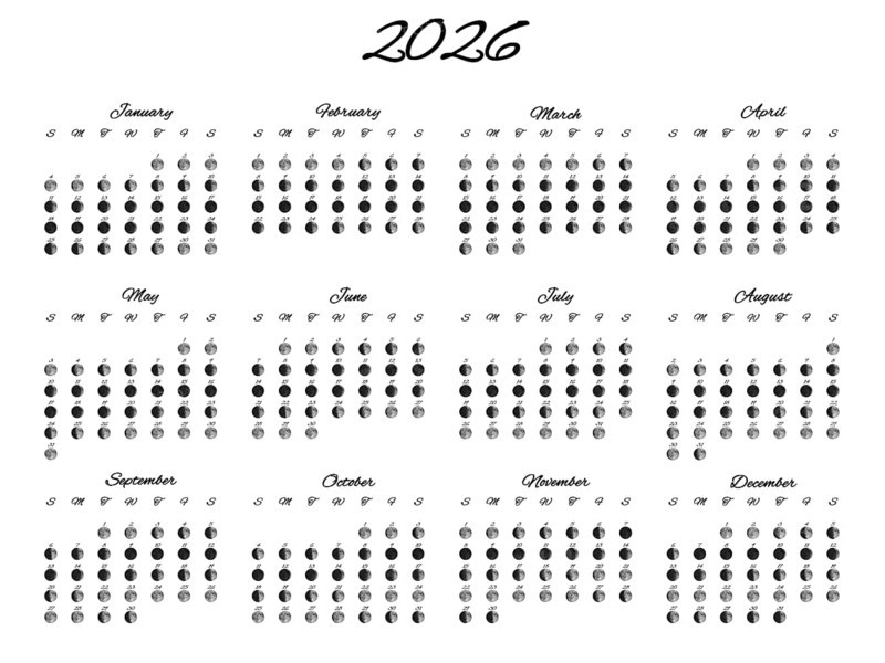 Lunar Phases Calendar, Full Year 2026 Daily Moon Phases on White