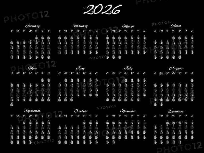 Lunar Phases Calendar, Full Year 2026 Daily Moon Phases On Black