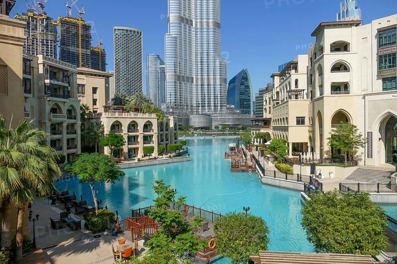 Scenery with Burj Khalifa building around the Burj Khalifa park in Dubai, the most populous city in the United Arab Emirates