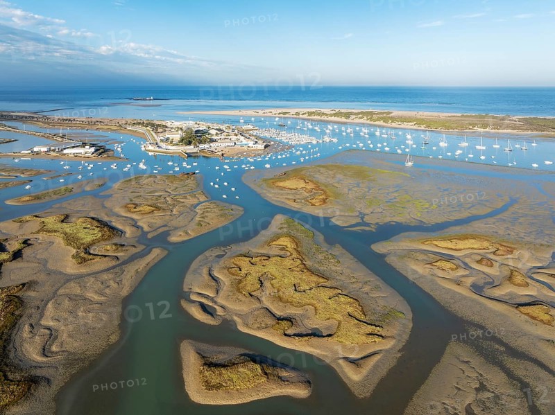 Network of channels and streams at low tide and the fishing village of Sancti Petri at the Atlantic Ocean. In the marshland of the Bahía de Cádiz Nature Reserve. Aerial view.. Drone shot. Cádiz province, Andalusia, Spain