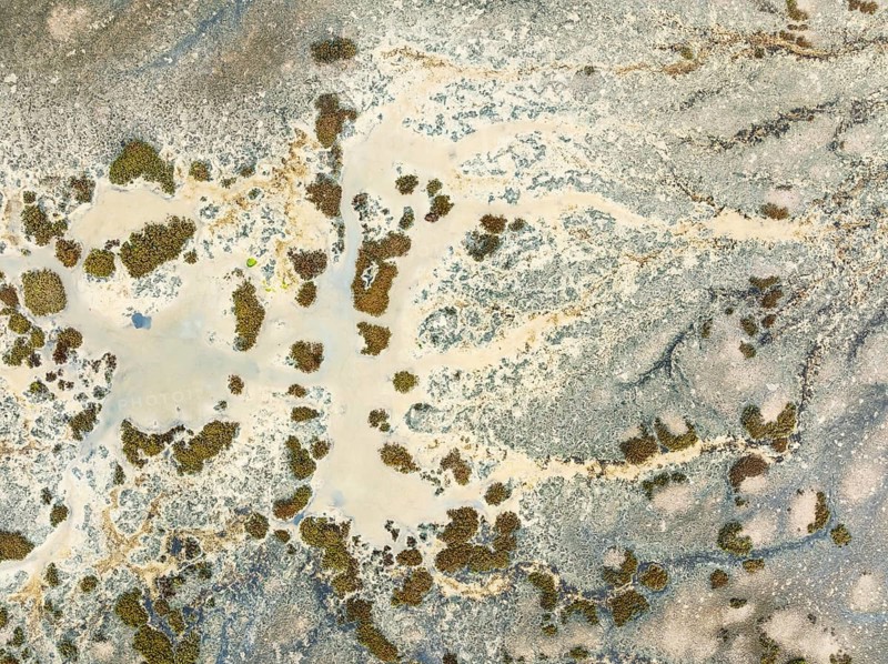 Marshland at low tide. Nature Reserve La Breña y Marismas del Barbate. Aerial view. Drone shot. Cádiz province, Andalusia, Spain