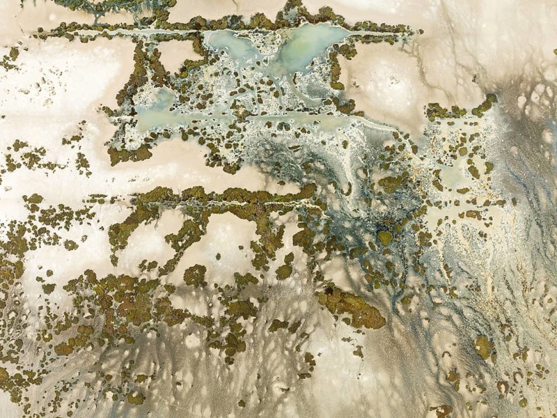 Marshland at low tide. Nature Reserve La Breña y Marismas del Barbate. Aerial view. Drone shot. Cádiz province, Andalusia, Spain