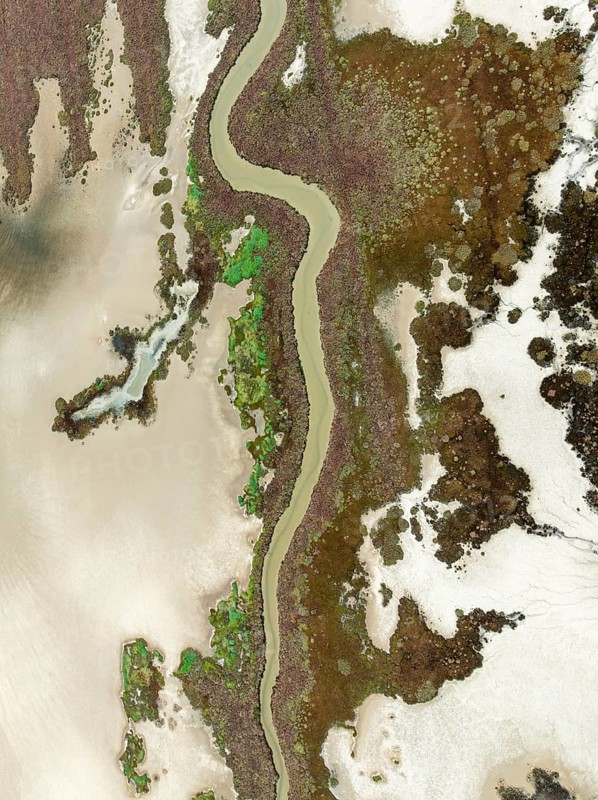 Marshland at low tide. Nature Reserve La Breña y Marismas del Barbate. Aerial view. Drone shot. Cádiz province, Andalusia, Spain