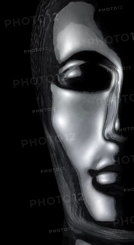 Translucent reflective human head made of glass in black back
