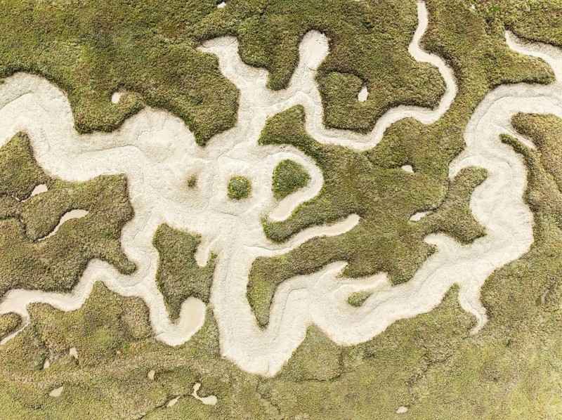 Abstract patterns of dry streams at low tide. In the marshland of the Bahía de Cádiz Nature Reserve. Aerial view. Drone shot. Cádiz province, Andalusia, Spain